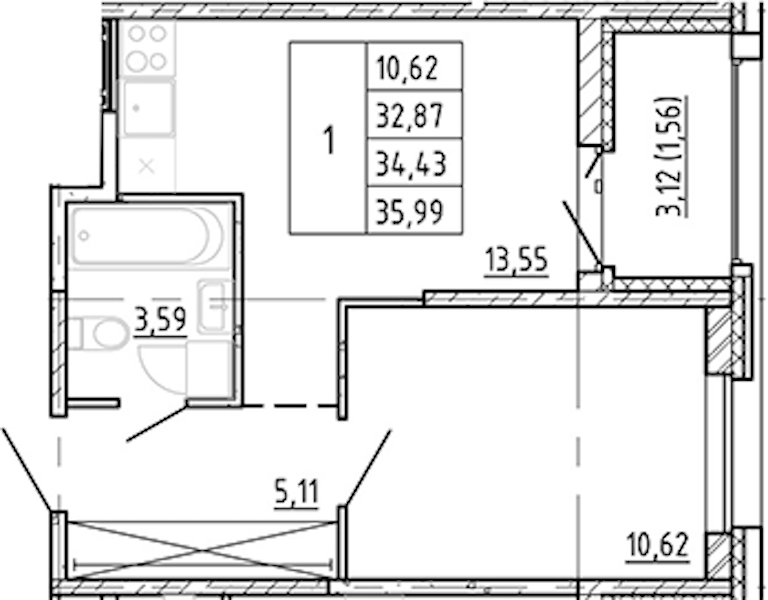 1-комнатная квартира 32.87 м², 11/12 эт., ЖК «Полис Новоселье»